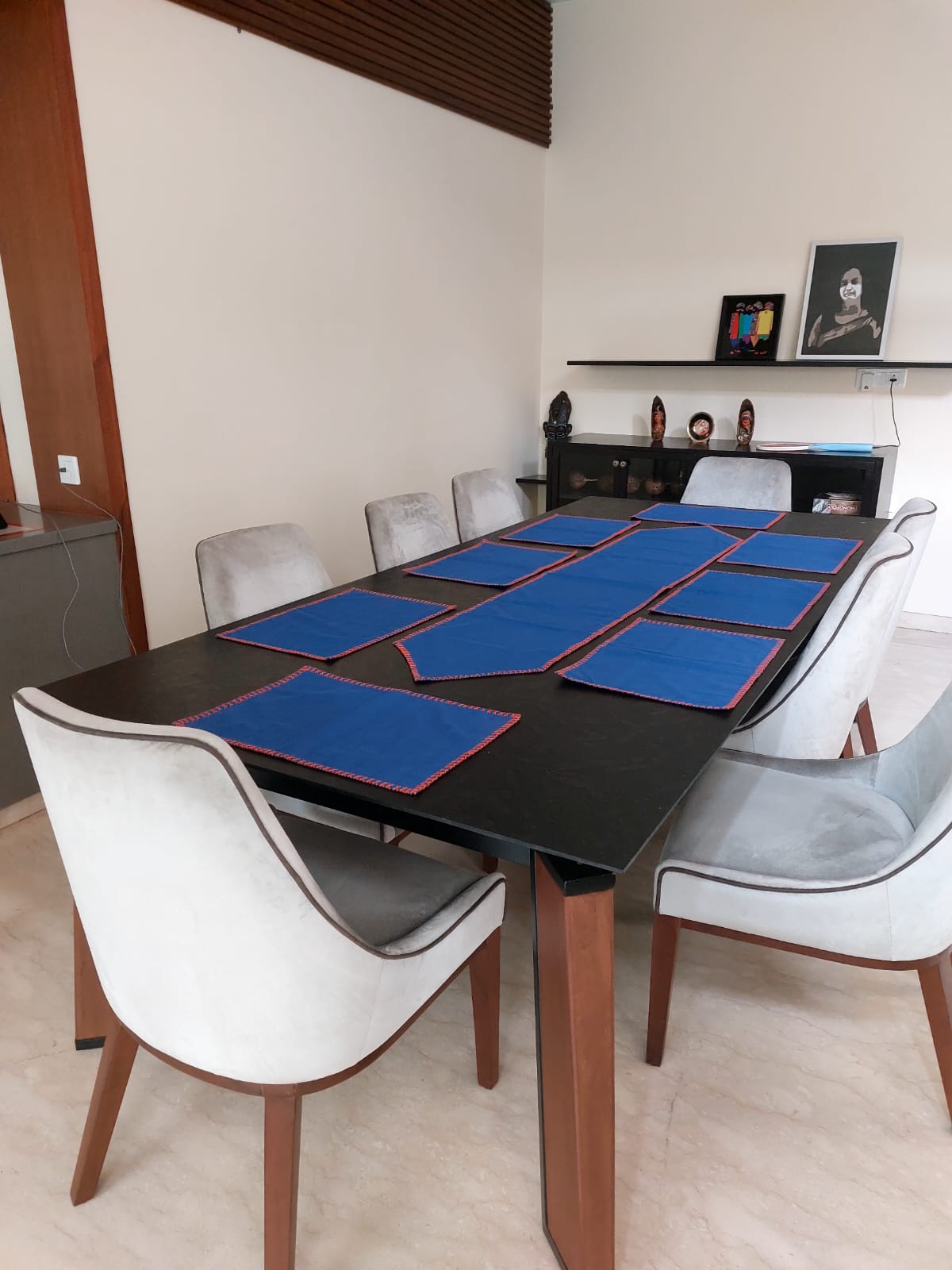 Runner, Mat, Napkin Set of 8 - Blue Checks - The Teal Thread