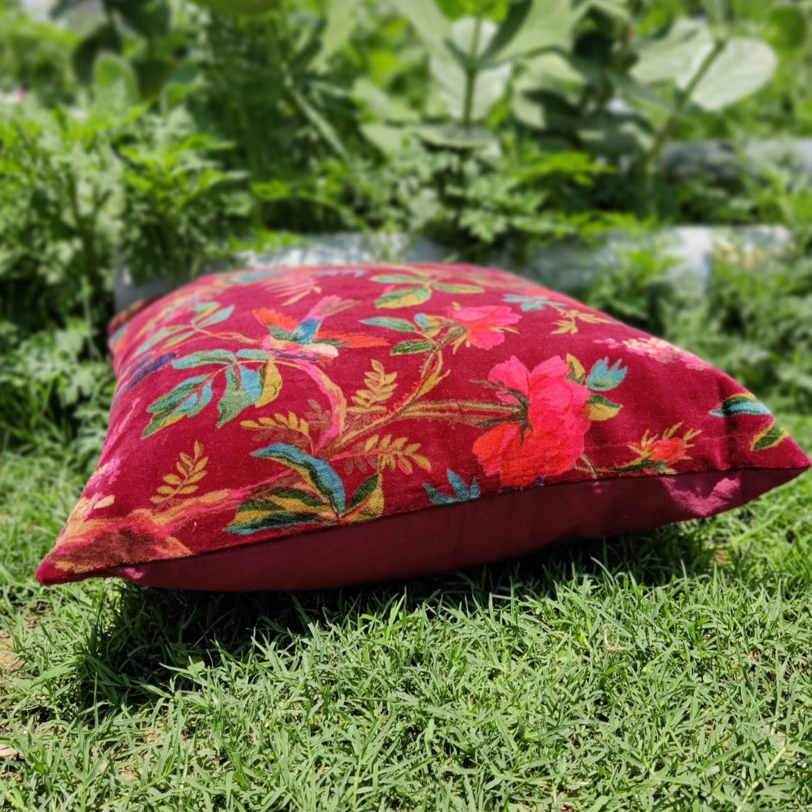 Birds of paradise velvet cushion cover- Maroon - The Teal Thread