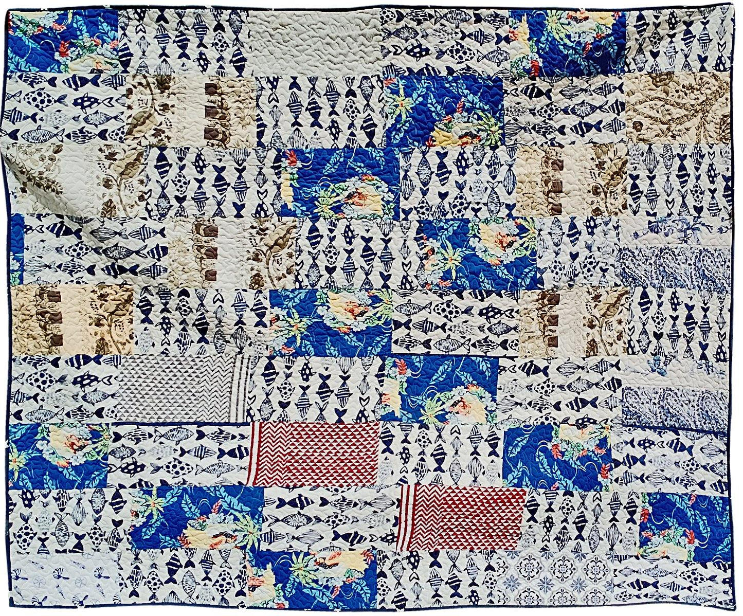 Aquatic Patchwork Machine Quilted Bedcover King Size - The Teal Thread