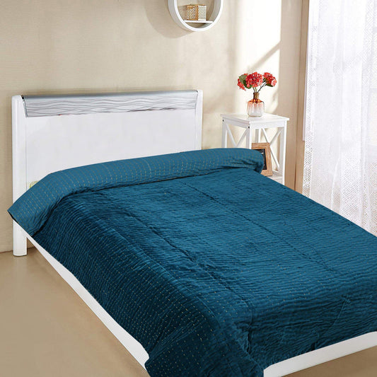Solid Velvet Kantha Quilted Razai Teal - The Teal Thread