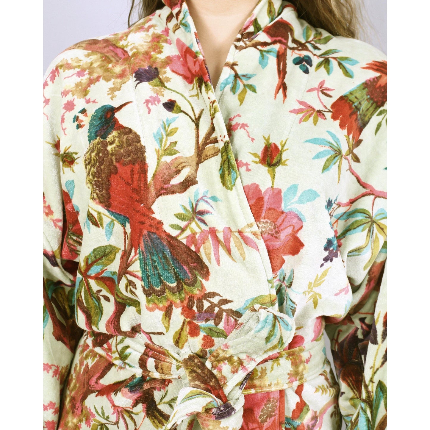 Velvet Kimono/ Jacket-Birds of Paradise-Light Green - The Teal Thread