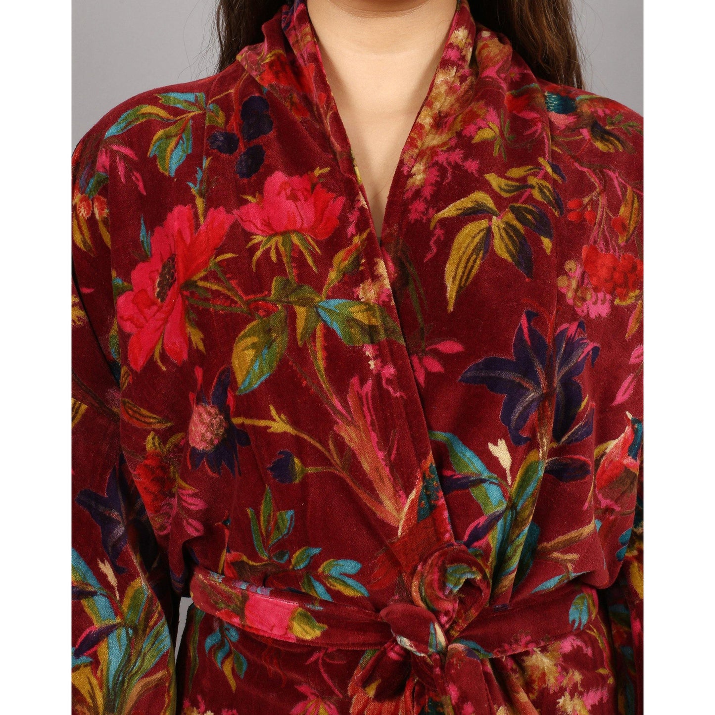 Velvet Kimono/ Jacket-Birds of Paradise-Maroon - The Teal Thread