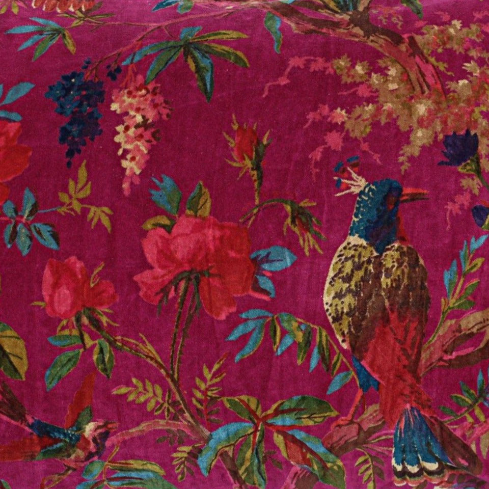 Velvet fabric Birds of Paradise for upholstery-Dark Pink/ Magenta - The Teal Thread