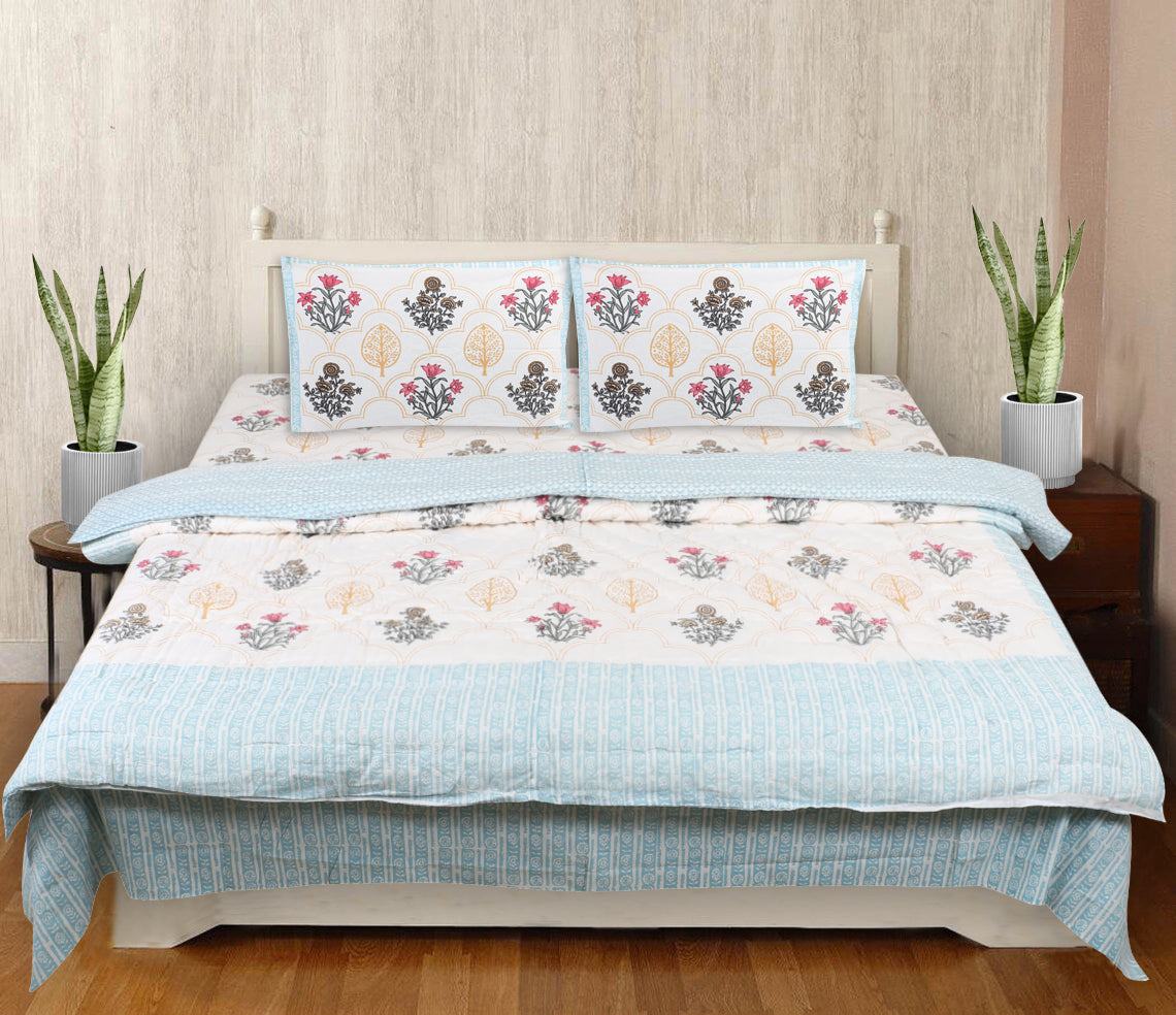 Floral Block Print Soft Jaipuri Razai Quilt- Blue