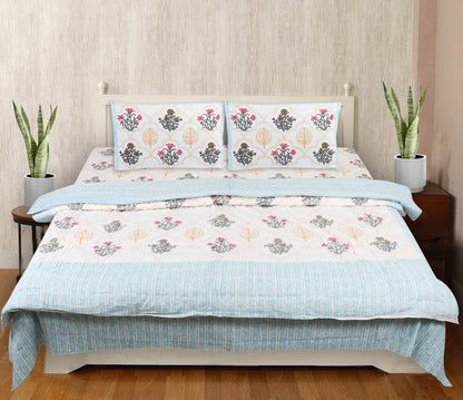 Floral Block Print Soft Jaipuri Razai Quilt- Blue