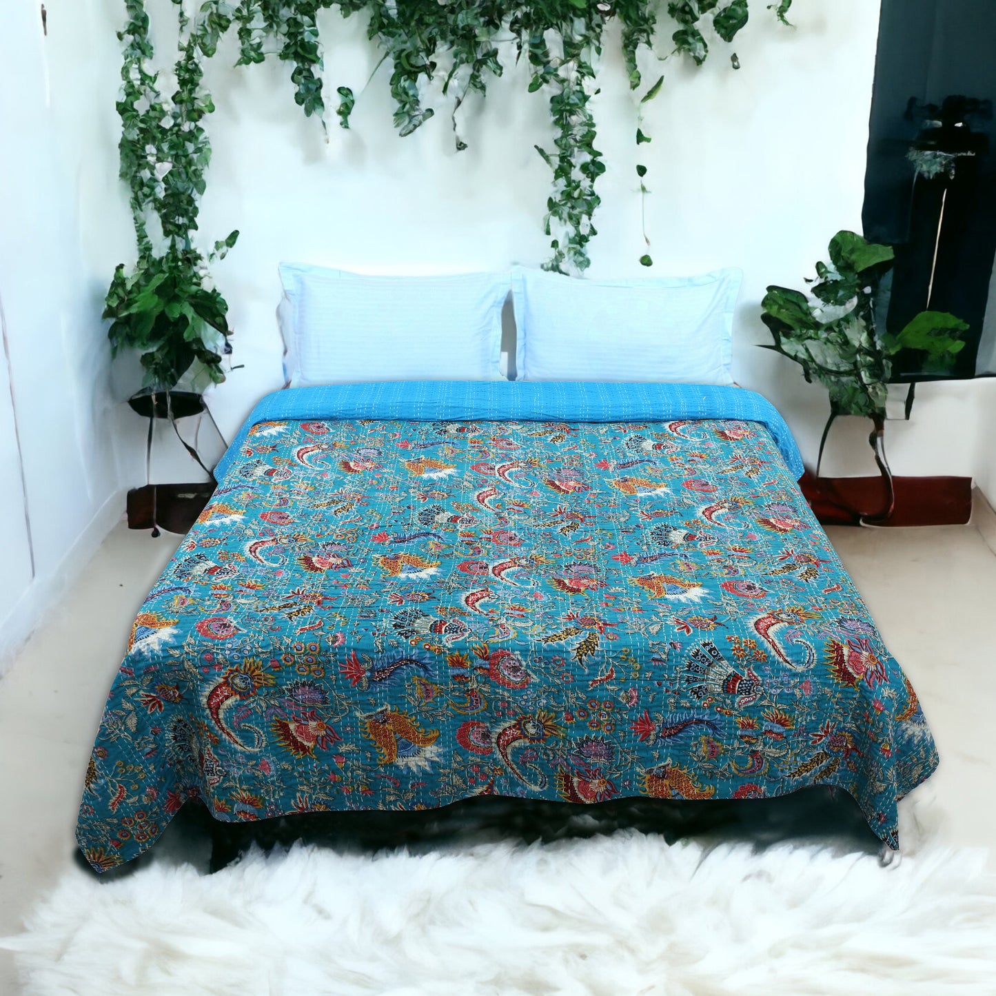 Hand Quilted Kantha Bedcover- Blue Crown
