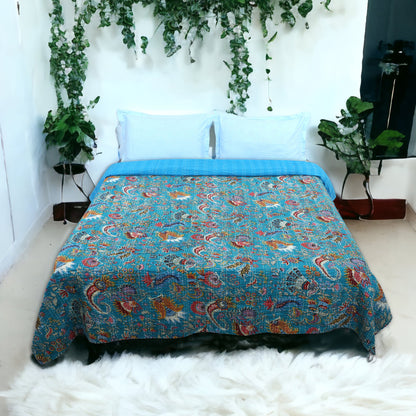 Hand Quilted Kantha Bedcover- Blue Crown