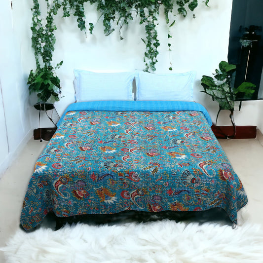 Hand Quilted Kantha Bedcover- Blue Crown