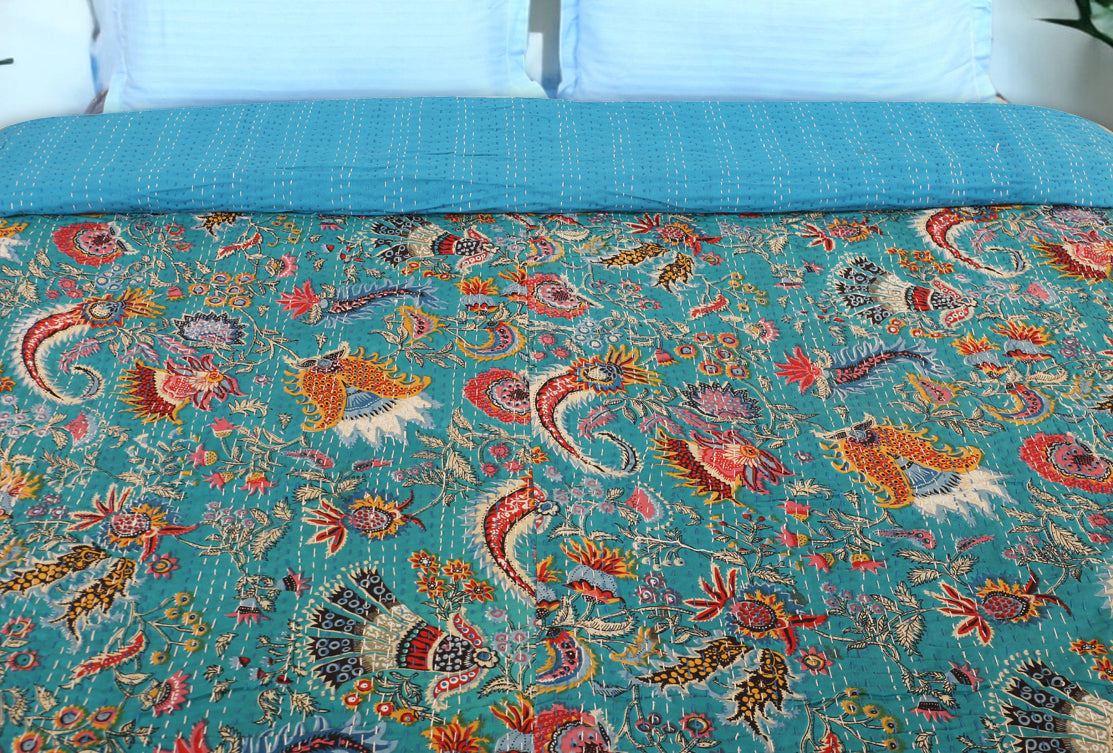 Hand Quilted Kantha Bedcover- Blue Crown