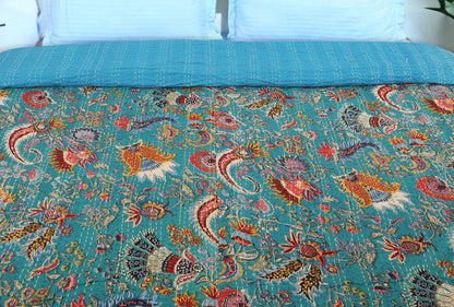 Hand Quilted Kantha Bedcover- Blue Crown