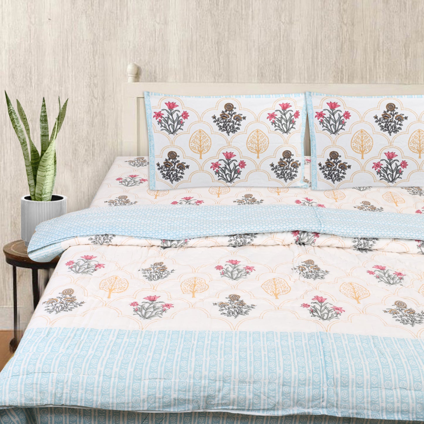 Floral Block Print Soft Jaipuri Razai Quilt- Blue