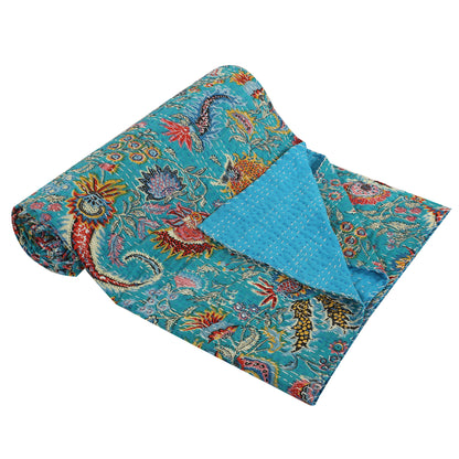 Hand Quilted Kantha Bedcover- Blue Crown