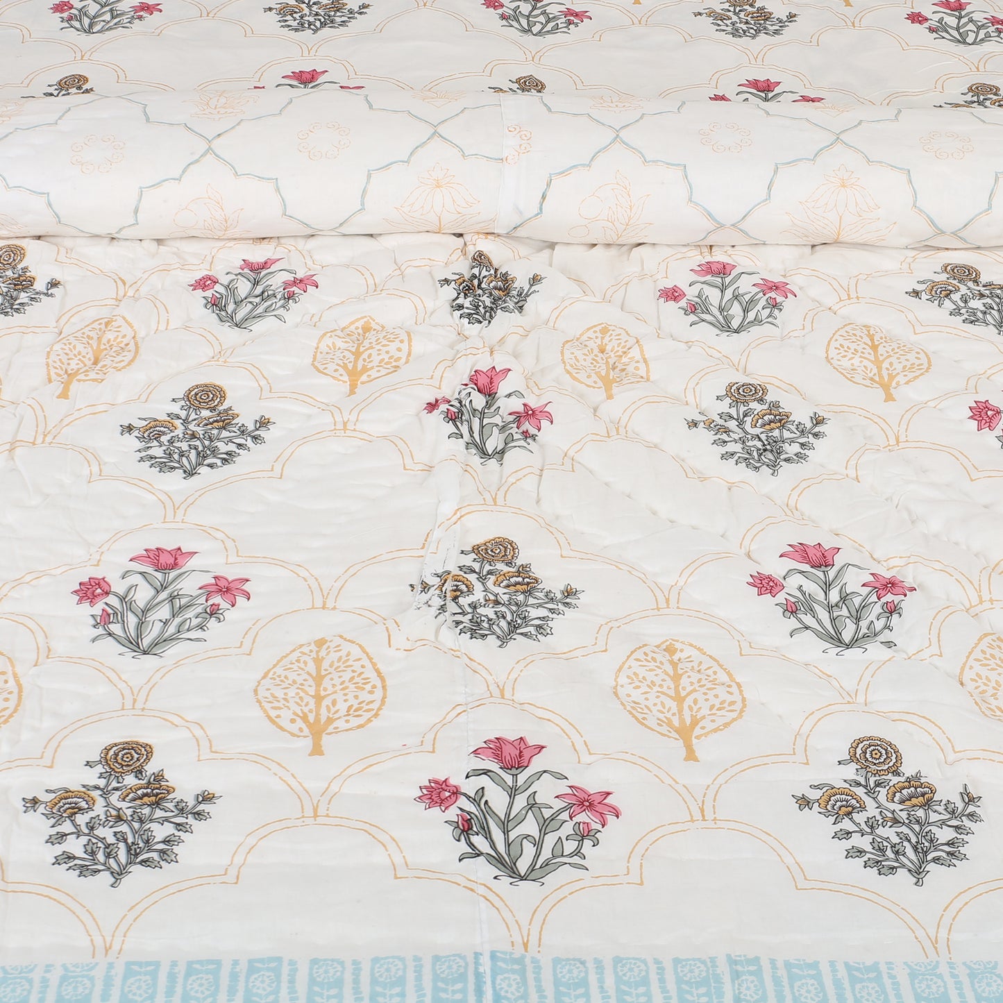 Floral Block Print Soft Jaipuri Razai Quilt- Blue