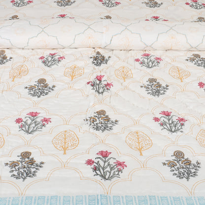 Floral Block Print Soft Jaipuri Razai Quilt- Blue