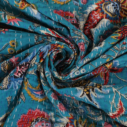 Hand Quilted Kantha Bedcover- Blue Crown