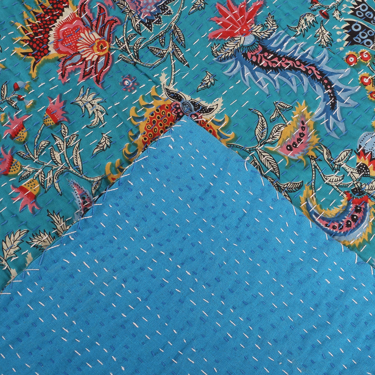Hand Quilted Kantha Bedcover- Blue Crown