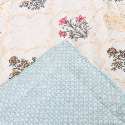 Floral Block Print Soft Jaipuri Razai Quilt- Blue