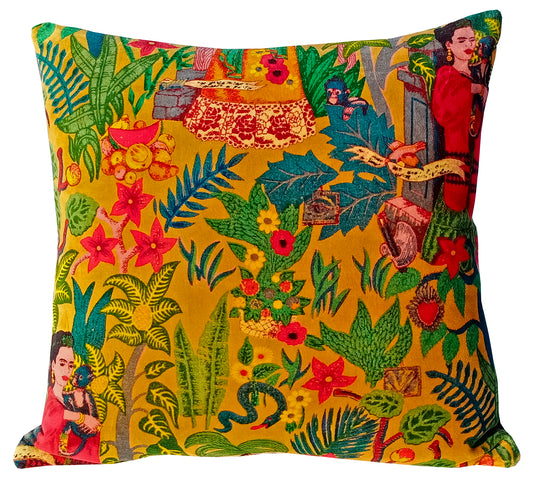 Frida Kahlo Velvet Cushion Cover-Mustard Yellow