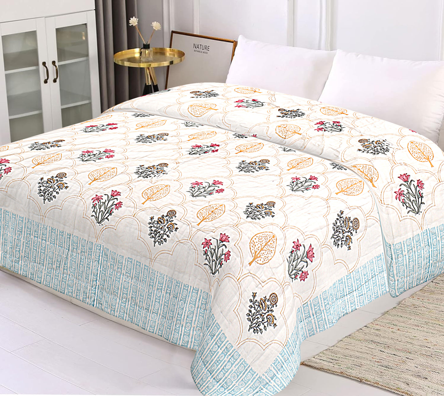 Floral Block Print Soft Jaipuri Razai Quilt- Blue