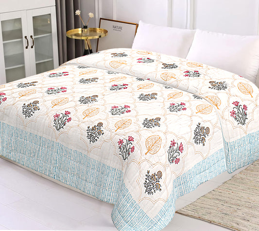 Floral Block Print Soft Jaipuri Razai Quilt- Blue