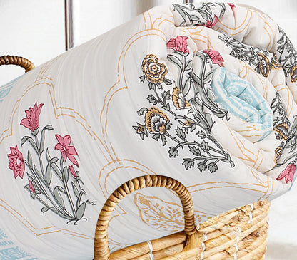 Floral Block Print Soft Jaipuri Razai Quilt- Blue