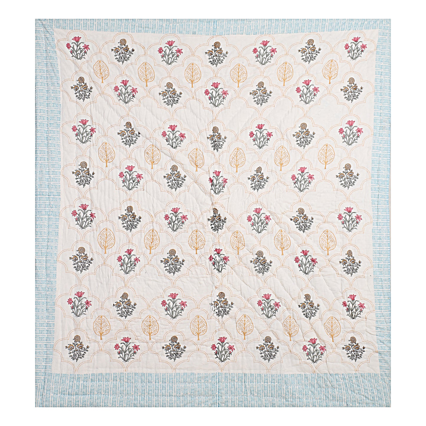 Floral Block Print Soft Jaipuri Razai Quilt- Blue