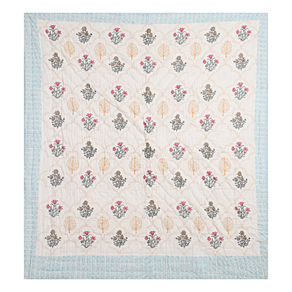 Floral Block Print Soft Jaipuri Razai Quilt- Blue