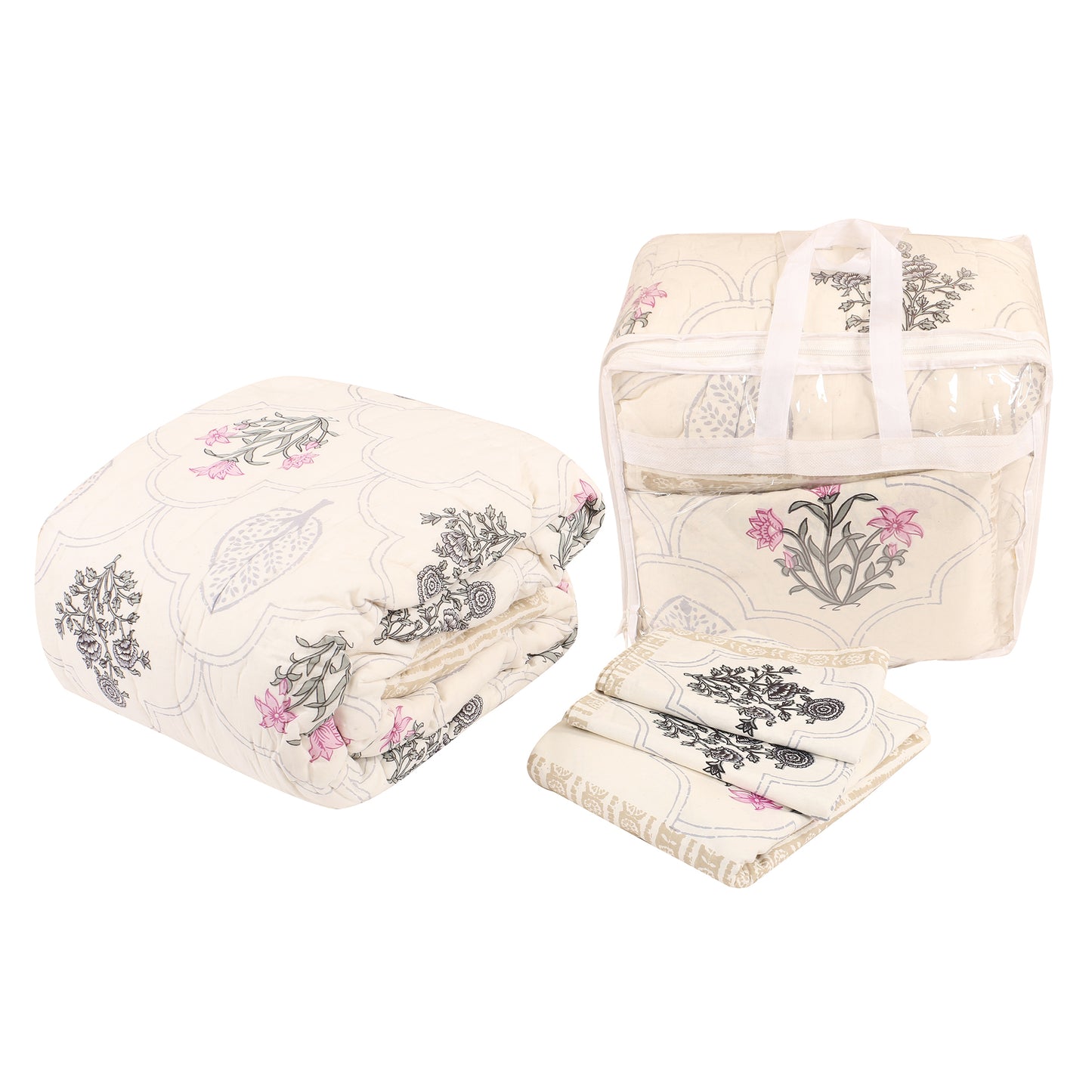 Floral Block Print Bedding Set -  Pink (Bedsheet set with Quilt) Gift Set