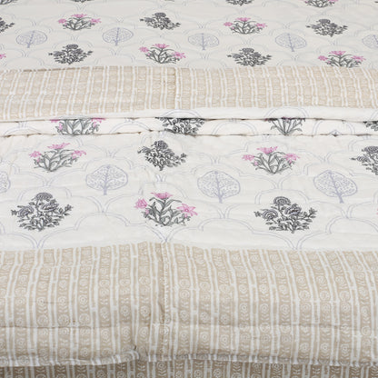 Floral Block Print Bedding Set -  Pink (Bedsheet set with Quilt) Gift Set