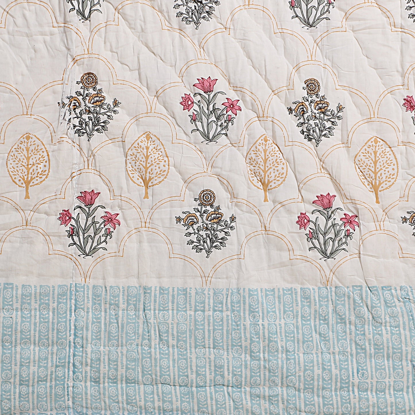 Floral Block Print Soft Jaipuri Razai Quilt- Blue
