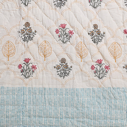 Floral Block Print Soft Jaipuri Razai Quilt- Blue