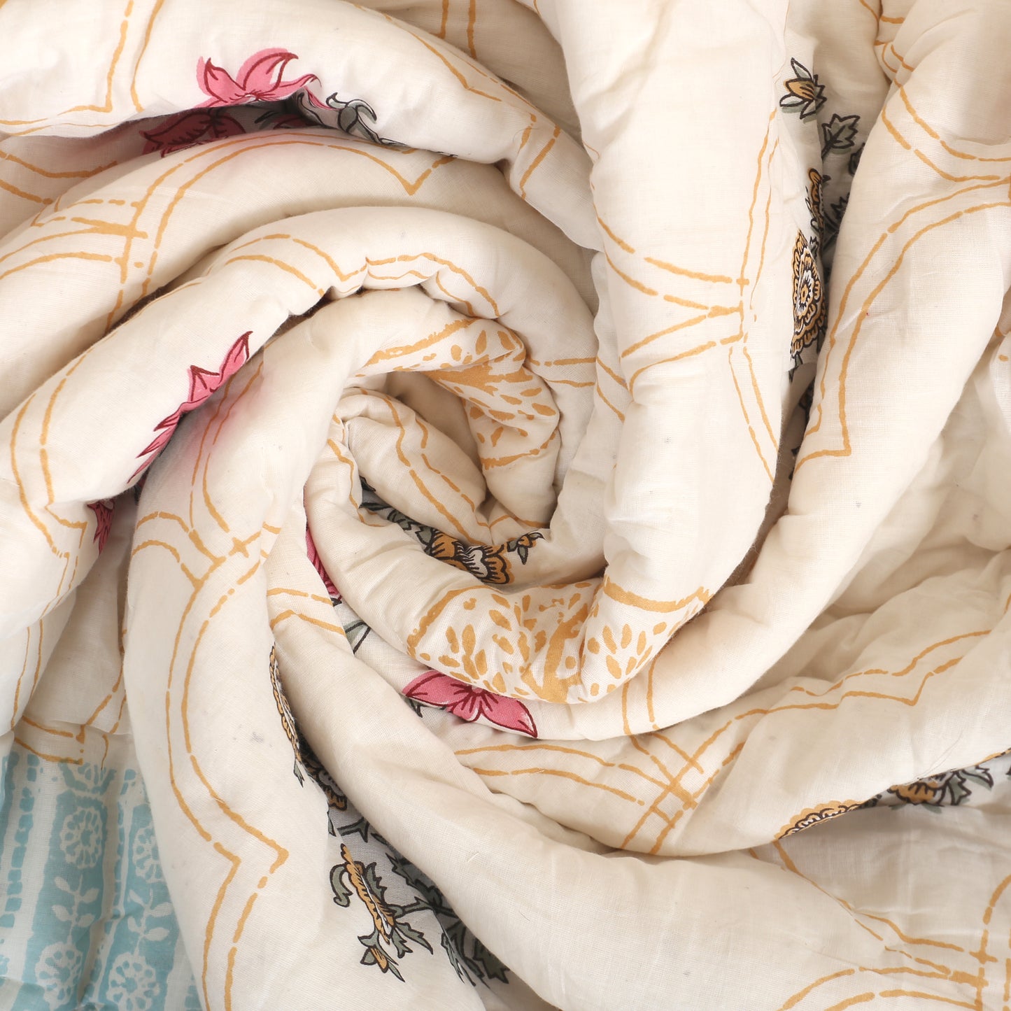Floral Block Print Soft Jaipuri Razai Quilt- Blue
