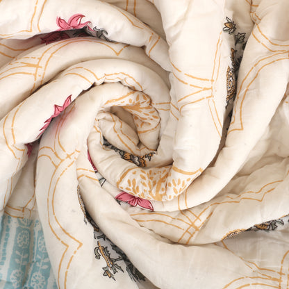 Floral Block Print Soft Jaipuri Razai Quilt- Blue