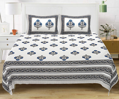 Block Print King Size Bedsheet- Blue Flowers