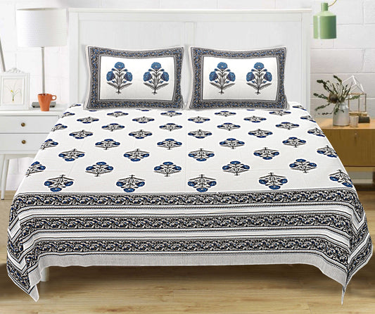 Block Print King Size Bedsheet- Blue Flowers