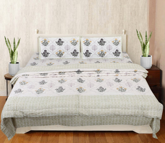 Floral Block Print Bedding Set -  Golden (Bedsheet set with Quilt) Gift Set
