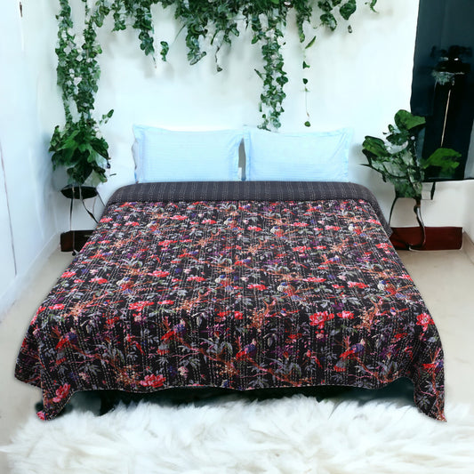 Hand Quilted Kantha Bedcover- Birds of Paradise Black