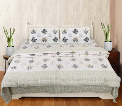 Floral Block Print Soft Jaipuri Razai Quilt- Green