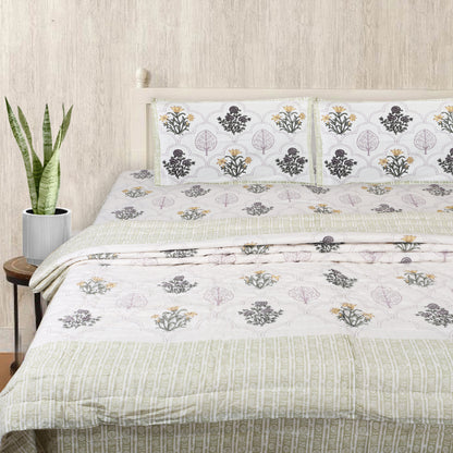 Floral Block Print Bedding Set -  Golden (Bedsheet set with Quilt) Gift Set