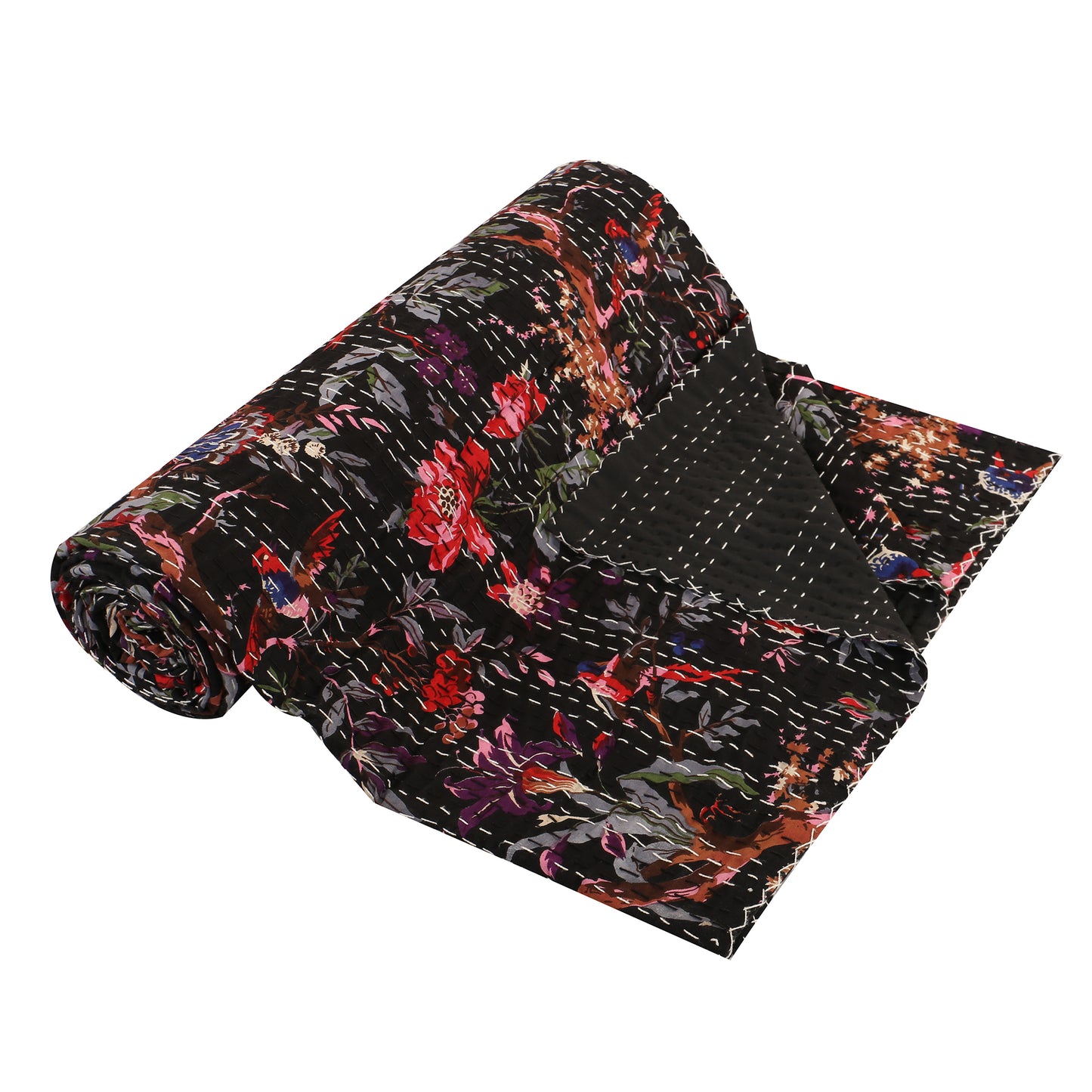 Hand Quilted Kantha Bedcover- Birds of Paradise Black
