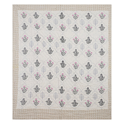 Floral Block Print Soft Jaipuri Razai Quilt- Pink