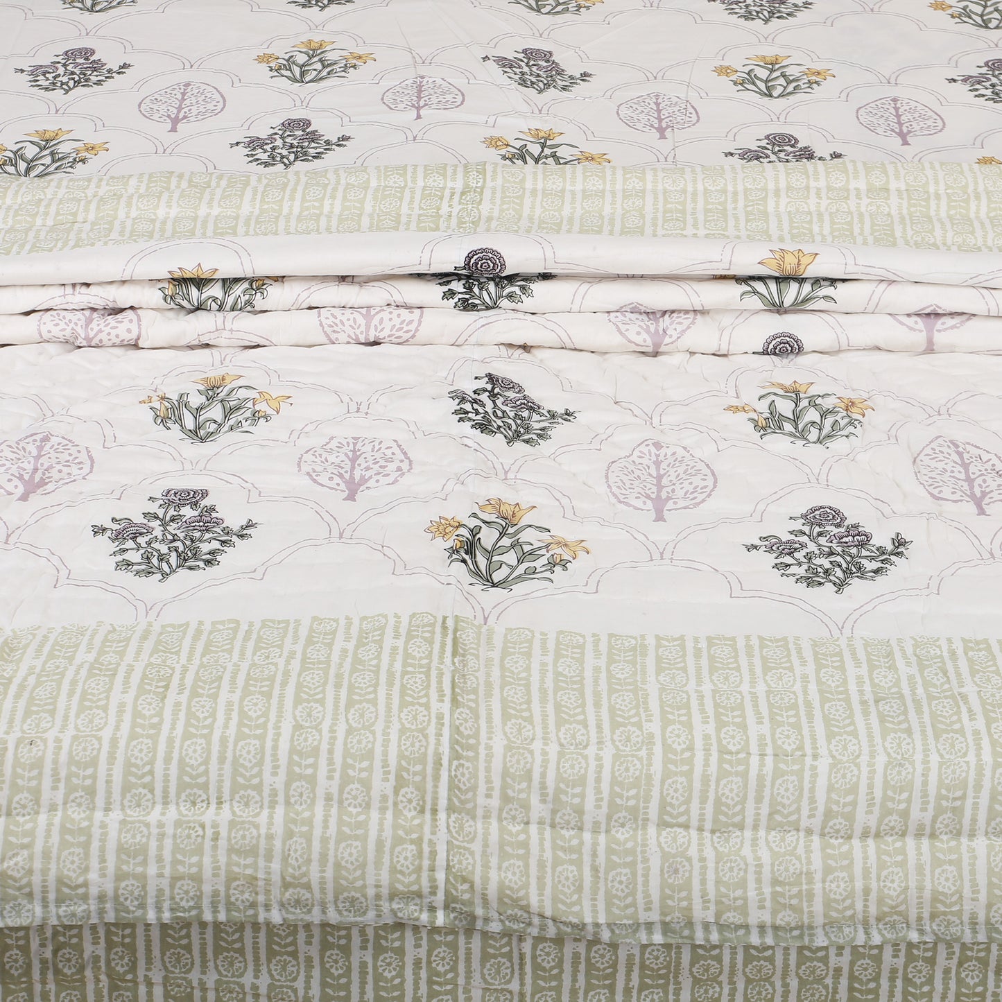 Floral Block Print Soft Jaipuri Razai Quilt- Green