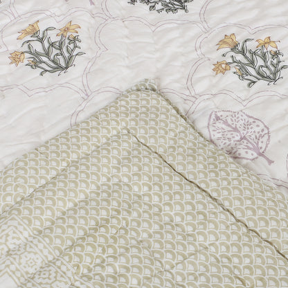 Floral Block Print Soft Jaipuri Razai Quilt- Green