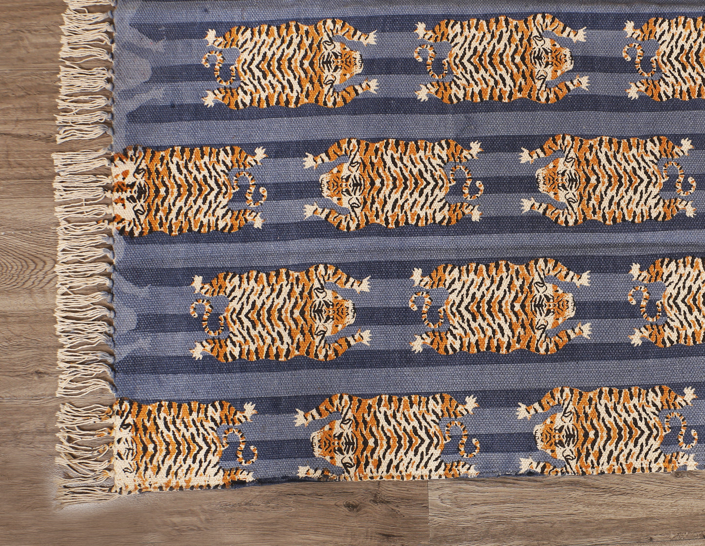 Cotton Area Rug Printed -Tiger Stripes Blue