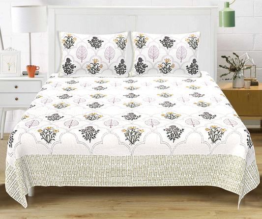 Floral Block Print King Size Bedsheet- Golden