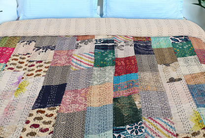 Hand Quilted Silk Sari Kantha Bedcover