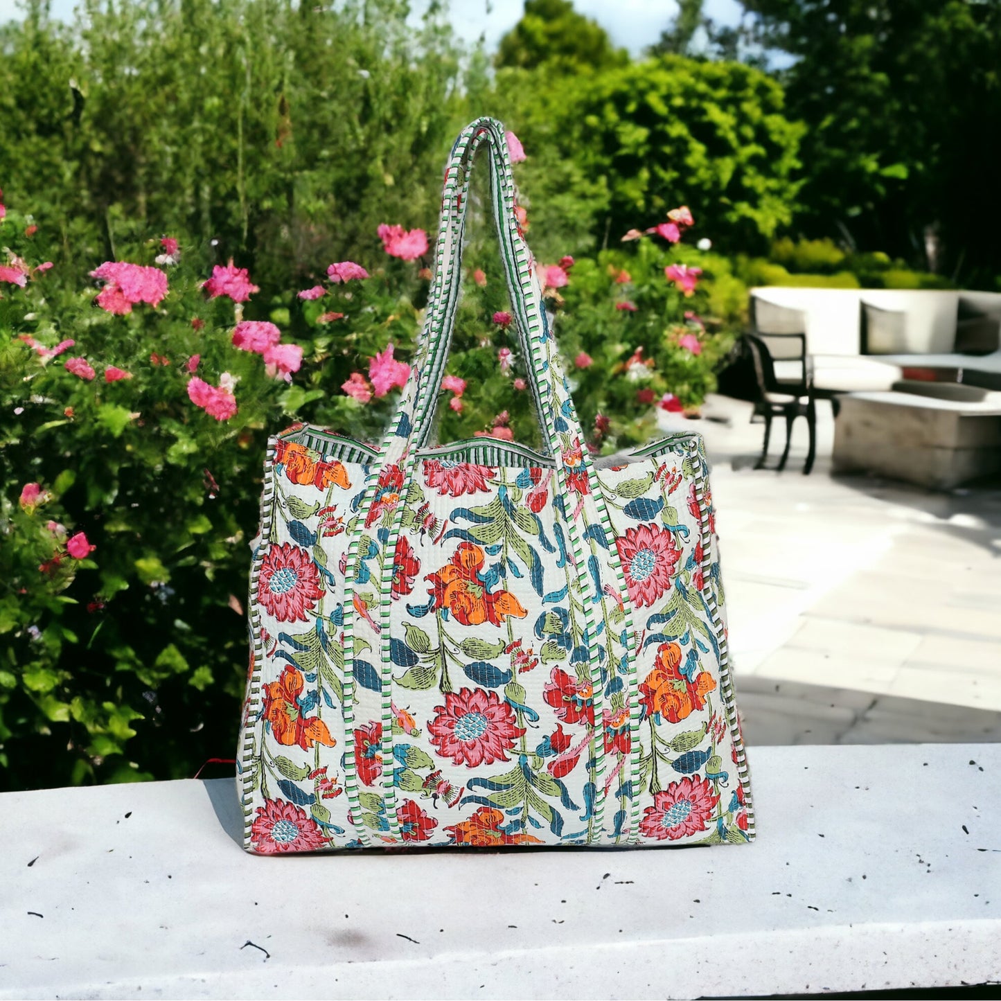 Handmade Quilted Tote Bag -White Floral