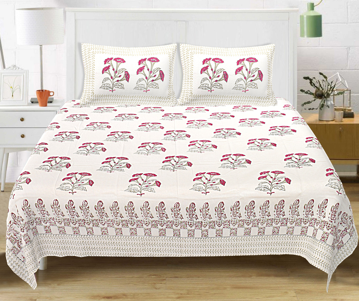 Block Print King Size Bedsheet- Pink Carnations