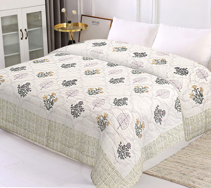 Floral Block Print Soft Jaipuri Razai Quilt- Green