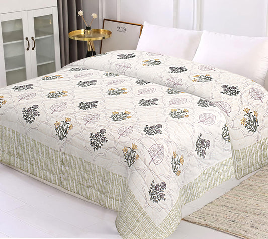 Floral Block Print Soft Jaipuri Razai Quilt- Green